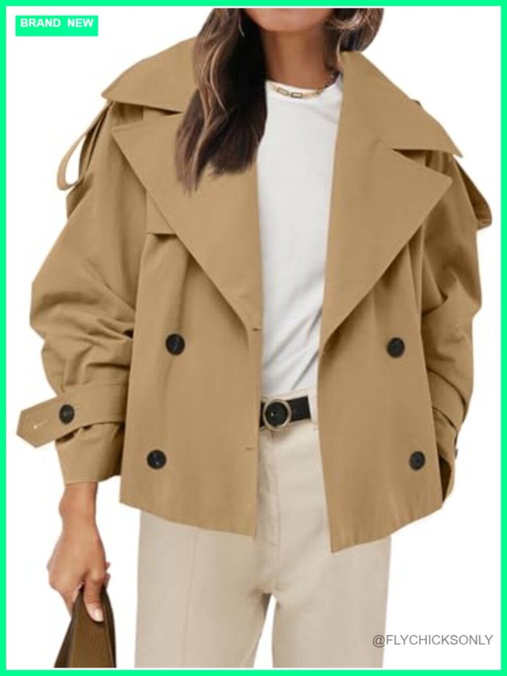 Cropped Trench Coat Double Breasted Belted Windproof 100% Polyester